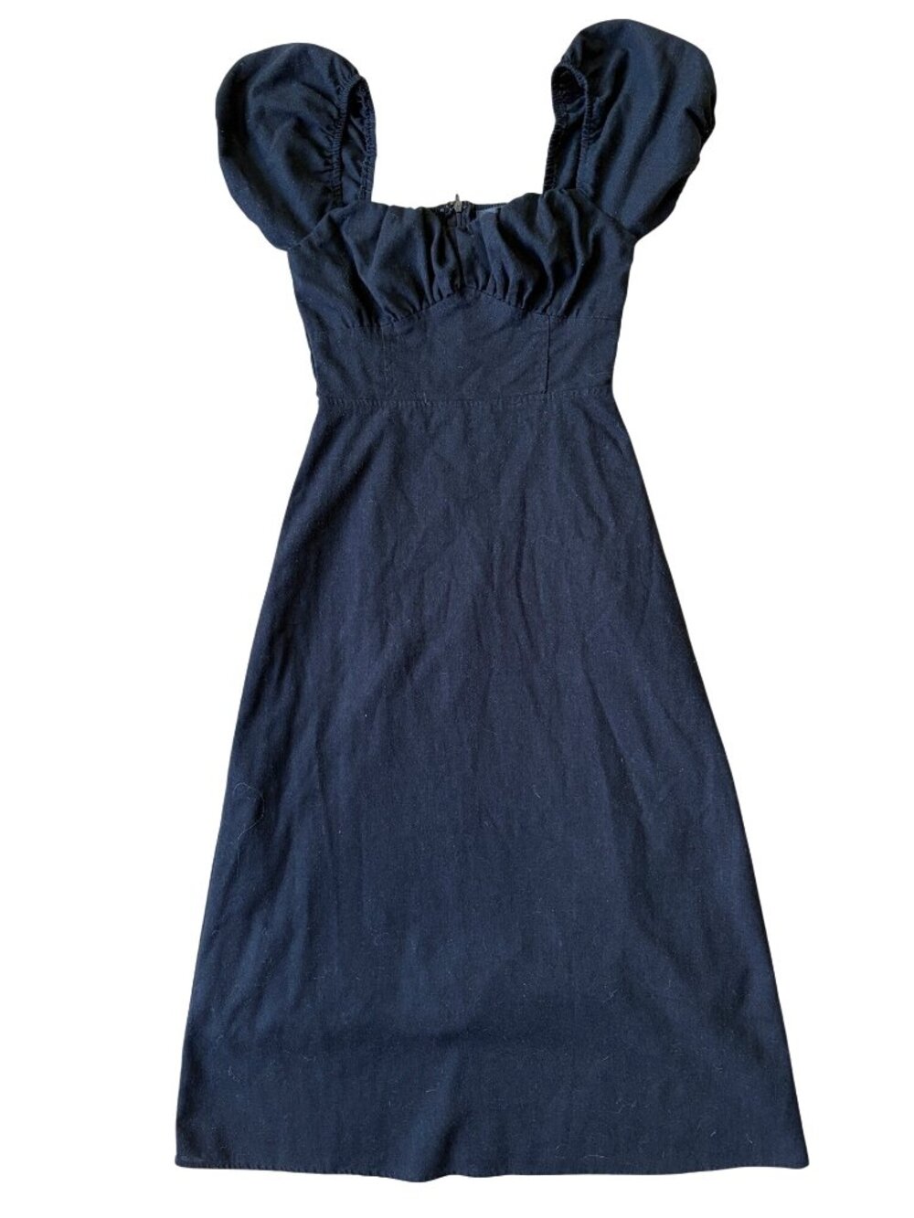 Lulus Ruched Puff Sleeve Milkmaid Midi Dress XS Black Linen Dark Romance Moody